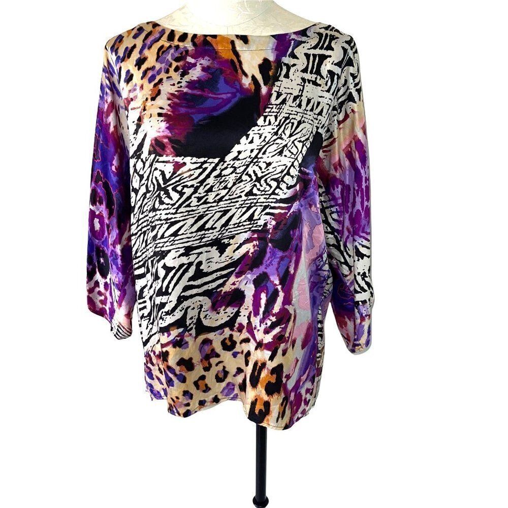 Cache Silk Top Womens Size Small S Vintage Abstract Print Dolman Sleeve Purple